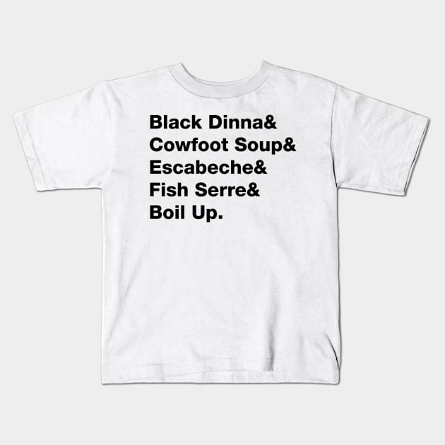 Belizean Dishes in Black Text Kids T-Shirt by Raquel’s Room